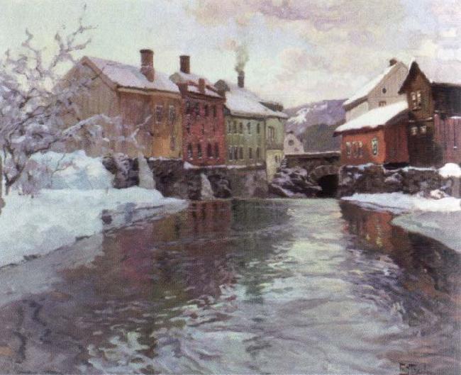 snow covered buildings by a river, Frits Thaulow